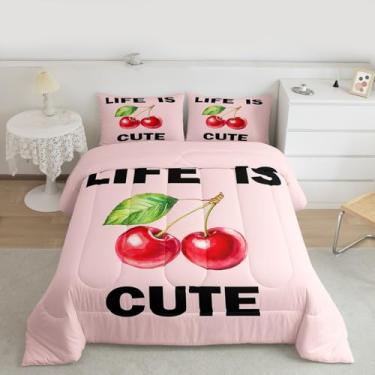 Imagem de Feelyou Conjunto de cama macio de cereja vermelha para meninos e meninas, estampa de cereja, edredom de microfibra, desenho kawaii, frutas, 2 peças com 1 fronha
