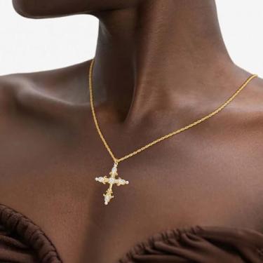 Imagem de Colar feminino com pingente de cruz de ouro delicado banhado a ouro 14 K, simples, minimalista, delicado, feito à mão, joia moderna, Medium, Latão, Sem Pedra Preciosa