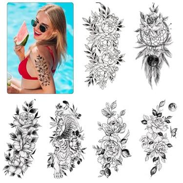 Imagem de 72 folhas de tatuagens temporárias de flores pretas para mulheres, adesivos de manga de tatuagem floral sexy 3D, realistas que parecem verdadeiros, adesivos de tatuagem longos, lembrancinhas de festa