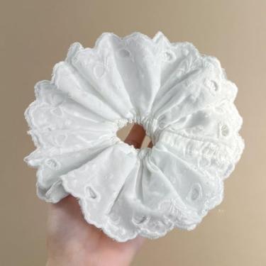 Imagem de Elástico de cabelo de cetim com flores grandes, laços de cabelo elásticos em formato floral, acessórios de flores grandes para scrunchie grosso e encaracolado