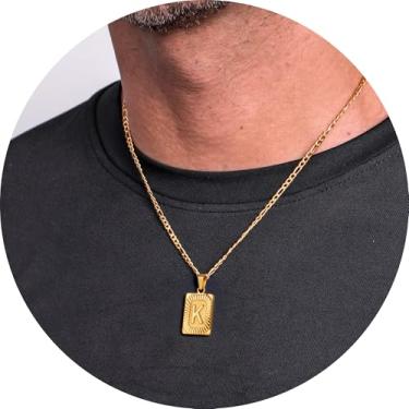 Imagem de Colar masculino com inicial, pingente de letra retangular de A a Z, corrente de aço inoxidável banhada a ouro, joia de monograma personalizada, 20in, Aço inoxidável, Sem Pedra Preciosa