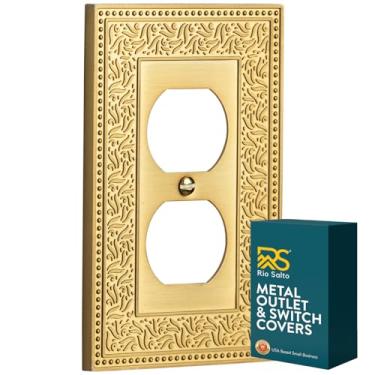 Imagem de Rio Salto Placa de parede de pérola botânica, capa de interruptor de luz de metal dourado, capas decorativas para tomadas de luz (ouro de latão escovado, 1 pacote duplex)
