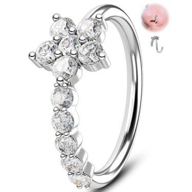 Imagem de Melighting Piercing de nariz de borboleta 20G, argola de 8 mm aberta sem costura, joia de aço cirúrgico 316L, anel de narina torcida com marquesa e zircônia redonda, piercing corporal de flor prateada