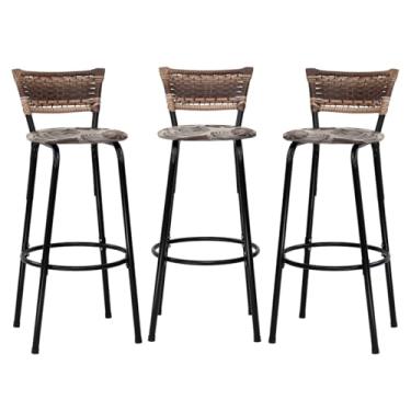Imagem de Kit 03 Banqueta Altas Junco Cappuccino Estrutura Preta Assento Floral Marrom 70cm Para Balcão Cozinha, Bar, Bistrô, Americano - Itagold