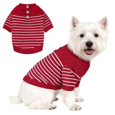 Imagem de Suéter de malha para cães com botões de madeira aconchegante, roupas de inverno listradas para chihuahuas, cães pequenos, gatos, meninos, meninas, vermelho, P