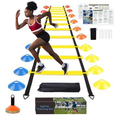 Imagem de YGORTECH Conjunto de equipamento de treinamento de futebol - Escada de agilidade de 6 m, 16 cones de futebol, equipamento de treinamento de velocidade e agilidade para prática interna/externa escada