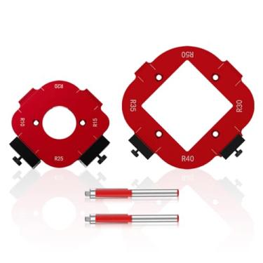 Imagem de 2 peças de modelos de roteador de raio com cortador de corte, gabarito de raio de canto redondo de liga de alumínio R10-R60 e conjunto de modelos para ferramentas de marcenaria de canto de mesa