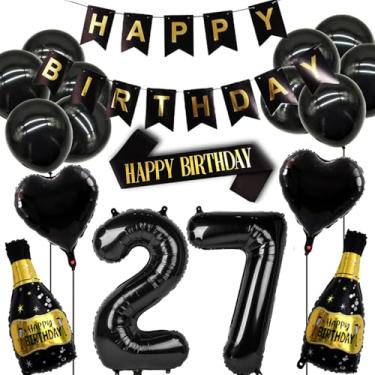 Imagem de Conjunto de decorações de aniversário de 27 anos para mulheres e homens, balão de decoração de aniversário de 27 anos de ouro preto, suprimentos para festa de 27 anos, incluindo faixa, alça de ombro e