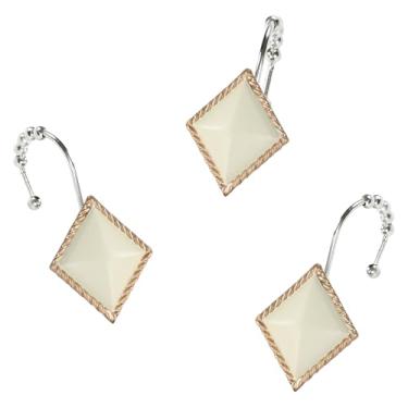 Imagem de Ganchos de cortina de chuveiro dourados bege creme, à prova de ferrugem, ganchos de chuveiro decorativos geométricos modernos para cortina de chuveiro, 5 bolas de rolo ganchos de cortina de banheiro