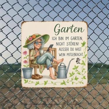Imagem de Garten Woman With Phone Wine Request Vintage Metal Tin Sign Wall Art - Decoração de parede retrô de 20 x 20 cm para casa, bar, garagem e escritório fazenda