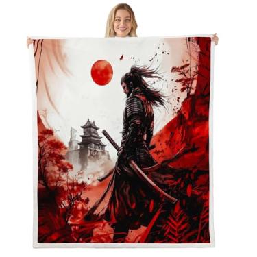 Imagem de Cobertor de Samurai Japonês Vermelho Armadura de Sol Espada Samurai Cobertor de Lã Samurai, Arte Asiática Estilo Retrô Estilo Moda Mantas para Cama Sofá Sofá, Decoração de Quarto de Crianças Meninos