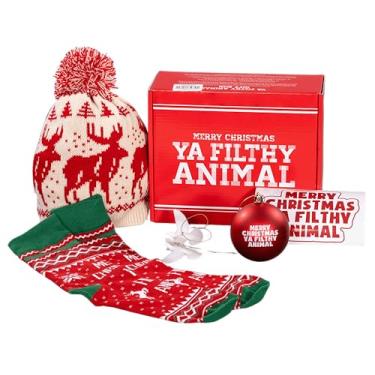Imagem de Ya Filthy Animal Conjunto de caixa de presente de Feliz Natal, gorro divertido, meias, ornamentos e adesivos, pacote de presente de Natal