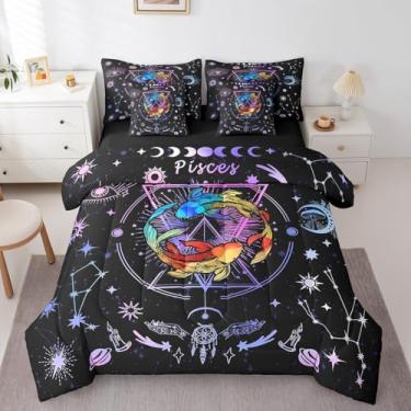 Imagem de Manfei Conjunto de cama casal de 7 peças, astrologia tripy, sol, lua e estrela, 12 constelações, cama do zodíaco em uma bolsa com edredom, lençóis e fronhas, decoração de quarto infantil de meninos e