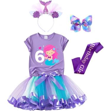 Imagem de Roupa de aniversário de sereia para meninas - saia tutu, camisa, faixa de cetim e faixa de cabeça (roxo 6, 6 anos)