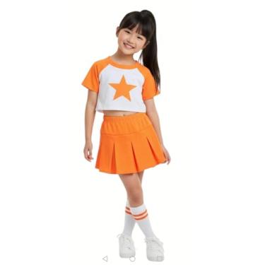 Imagem de Total 2550 Vestido infantil para meninas, fantasia de líder de torcida, uniforme de líder de torcida, manga estrela de Halloween (laranja neon/branco, 2GG)