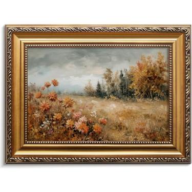 Imagem de Vodefoad Paisagem vintage de outono emoldurado a ouro impressões de arte de parede decoração antiga outono paisagem natureza pintura a óleo casa de fazenda decoração de parede de flores silvestres
