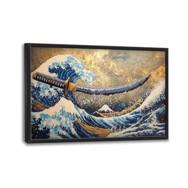 Imagem de Arte de parede japonesa, decoração de parede com imagens de espada samurai, pintura de impressão em tela The Great Wave, arte emoldurada grande para banheiro, sala de estar, escritório, quarto, 91 x
