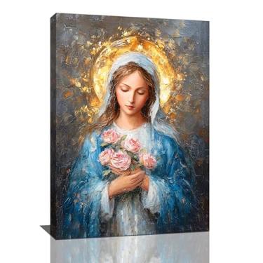 Imagem de Arte de parede de Maria Cristã Maria Mãe de Deus Tela Decoração de Parede Católica Mãe Abençoada com Rosas Imagens de Cristo Impressões Arte Bíblia Religiosa Decorações Emolduradas para Igreja Sala de