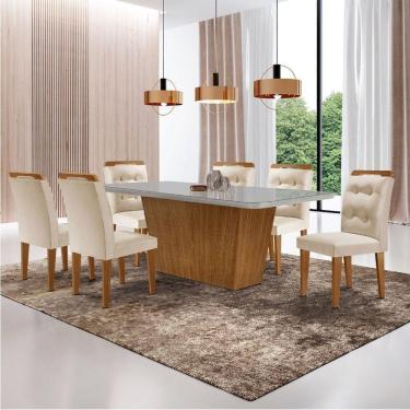 Imagem de Mesa Para Sala De Jantar Aida 180cm Mdf E 6 Cadeiras Moderna Veludo Creme/off White/imbuia