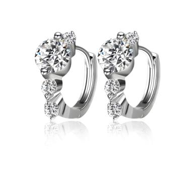 Imagem de Brincos de argola de zircônia cúbica de 4 pedras para mulheres, banhado a prata, redondo, diamante, joia de casamento, Small type, Metal, Sem pedra preciosa