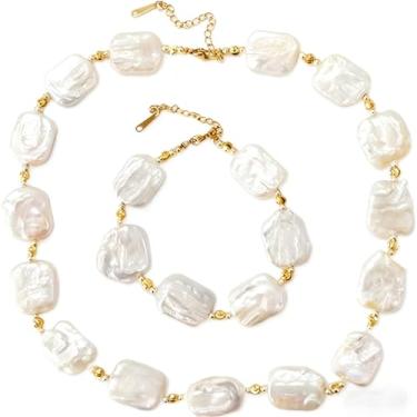 Imagem de Conjunto de colar e pulseira de pérolas barrocas quadradas cultivadas naturais para joias modernas.