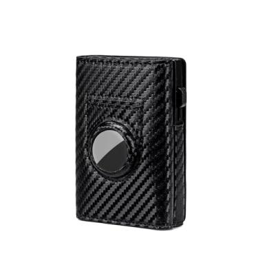 Imagem de Carteira inteligente masculina com bloqueio de RFID, couro legítimo, compatível com AirTag, capa pop-up para cartão de 9 a 14 com janela de identificação marrom, Fibra de carbono, preto, Vintage