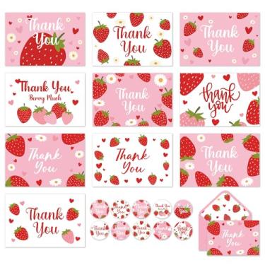 Imagem de Whaline 50 peças de cartões de agradecimento de morango com envelopes adesivos rosa frutas cartões de notas em branco para chá de bebê, suprimentos de convite de festa de aniversário, 10 x 15 cm