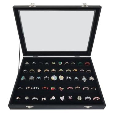 Imagem de BesyPro Caixa de armazenamento de anéis com 100 compartimentos e tampa de vidro transparente, organizador de anéis anti-manchas de grande capacidade para exibição de joias e presente (preto)