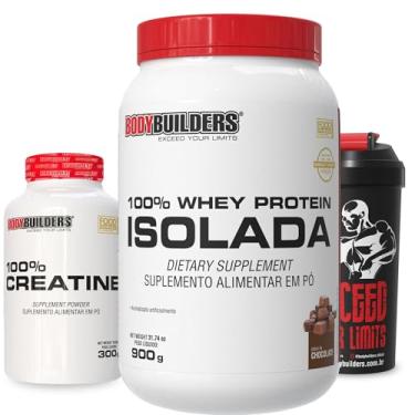 Imagem de Kit 100% Whey Protein Isolada Chocolate 900g + Creatina Monohidrata 100% Pura 300g + Coqueteleira - Bodybuilders