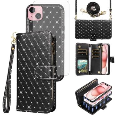 Imagem de Asuwish Capa carteira compatível com iPhone 15 de 6,1 polegadas com zíper e protetor de tela de vidro temperado, alça transversal, flip com glitter, suporte para cartão, capa para celular i Phone15