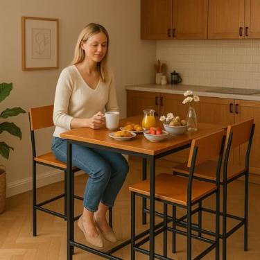 Imagem de Conjunto Mesa Varanda Conjunto Bistrô Alta 4 Banquetas Ideal para Churrasco Estrutura em Ferro Ultra Resistente Tampo em Madeira Maciça Suporta 200kg (Mesa 150x50-4 Banquetas)