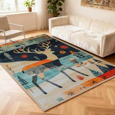 Imagem de NUOVARUGS Tapetes de área, 10 x 15 cm, antiderrapante, boho, outono, tribal, natureza, rústico, vintage, lavável, grande, cervo, alce, retrô, quarto, sala de estar, sala de jantar, escritório