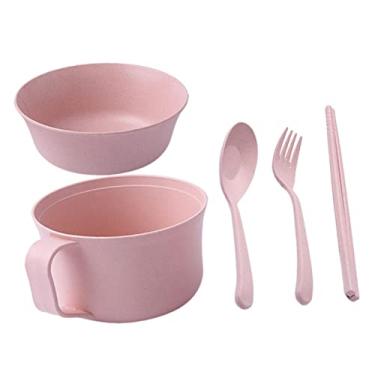 Imagem de 1 conjunto de tigela de palha de trigo com tampa, tigela de macarrão e utensílios de mesa para salada e sobremesa de escritório, suprimentos de cozinha ecológicos