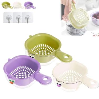 Imagem de Cesta de drenagem de camada dupla de cozinha com alça, escorredor de plástico e conjunto de lavatório para frutas, legumes, macarrão, arroz, tigela de filtro de drenagem fácil para cozinha doméstica