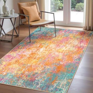 Imagem de RELEANY Tapetes laváveis 9,5 x 1,7 m antiderrapantes modernos abstratos macios para sala de estar, entrada, quarto, berçário, padrão, laranja, azul, rosa, amarelo, colorido