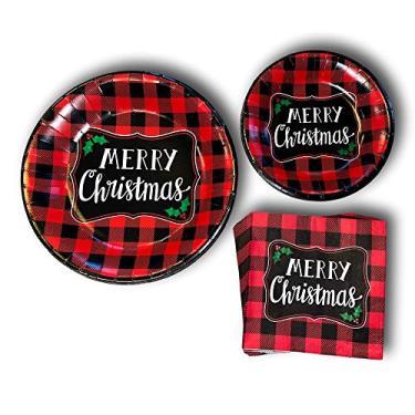 Imagem de Conjunto de pratos e guardanapos de papel xadrez Buffalo Merry Christmas Party - Conjunto de pacote de festa inclui - Pratos descartáveis vermelhos e pretos - Pratos de sobremesa - Guardanapos xadrez