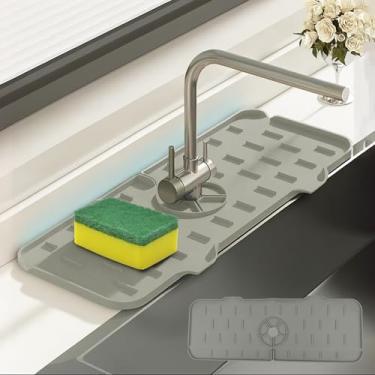 Imagem de Tapete de pia de torneira de silicone – Bandeja de pia de secagem de pratos reutilizável protetor de respingos para cozinha e banheiro (cinza claro, 13,38" × 5,51" × 0,61 cm)