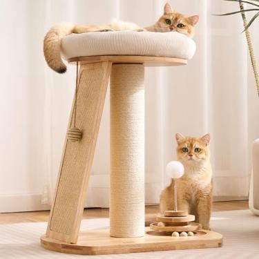 Imagem de HITTITE Torre de madeira maciça para gatos com poste para arranhar, torres para gatos de 71 cm de altura com tábua de arranhar e bolas de trilha, torre moderna para gatos com cama superior removível