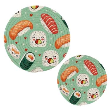 Imagem de Blueangle 2 peças de suporte de panela com padrão kawaii de sushi - conjunto de pegadores de panela de tecido redondo - almofadas quentes trançadas de algodão - porta-copos - tapetes de mesa para
