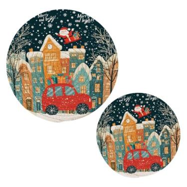 Imagem de Blueangle 2 peças de suporte de panela de trivet para noite de Natal - conjunto de pegadores de panela de tecido redondo - almofadas quentes trançadas de algodão - porta-copos - tapetes de mesa para