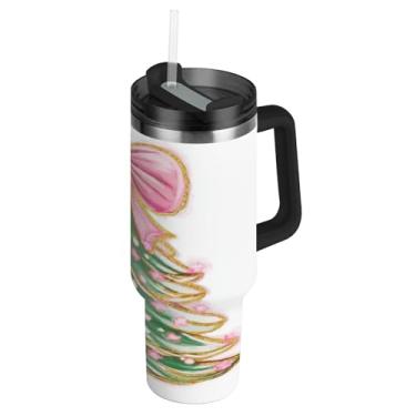 Imagem de ATTX Copo de arco rosa de árvore de Natal de 1,134 g com alça, copo de aço inoxidável a vácuo de parede dupla com palha, caneca de café de viagem isolada #434