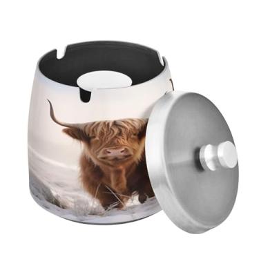 Imagem de Blueangle Cinzeiro Cool Highland Cow com tampa para cigarros, à prova de vento/à prova de chuva, aço inoxidável, sem fumaça, inodoro, cinzeiro para uso interno ou externo (285)