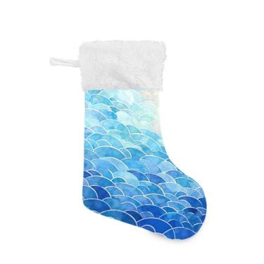 Imagem de GakkiGii Padrão ondulado - Meia de Natal grande azul, decoração de Natal para pendurar na parede da árvore da lareira, 45 x 31 cm