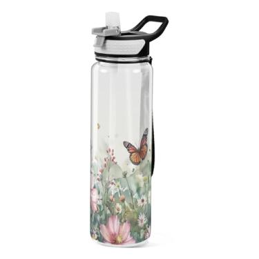 Imagem de ATTX Garrafa de água de jardim de verão em aquarela, 947 ml, à prova de vazamento e livre de BPA, garrafas de água reutilizáveis de plástico Tritan para viagem, academia, corrida #366