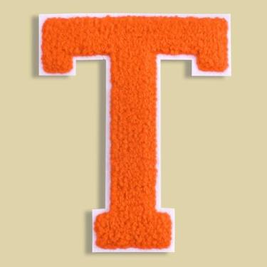 Imagem de QianSiLi Adesivos de letras universitárias de chenille laranja de 11 cm, letras grandes para jaquetas Letterman, moletons com capuz, mochilas, coletes, roupas, adesivos individuais de letra T