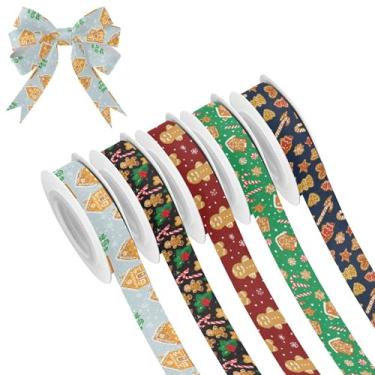 Imagem de SEHANY 5 rolos de fita de Natal 0,59 polegadas 5 jardas fitas de tecido de gengibre de Natal fitas de cetim festivas fitas decorativas de Natal para embrulho de presente faça você mesmo artesanato