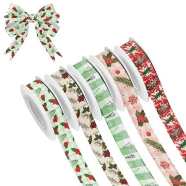 Imagem de SEHANY 5 rolos de fita de Natal 0,59 polegadas 5 jardas fitas de tecido de árvore de Natal fitas de cetim festivas fitas decorativas de Natal para embrulho de presente faça você mesmo artesanato