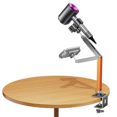 Imagem de Blissfuhue Suporte para secador de cabelo de mesa com clipe gratuito para telefone/tablet, suporte para secador de cabelo, mãos livres, material metálico. Cabide ajustável para secador de cabelo para