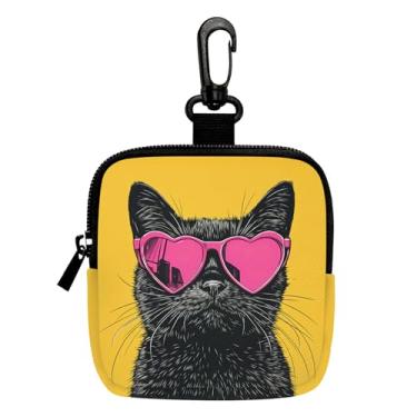 Imagem de Gato legal com óculos de sol, mini porta-moedas, chaveiro, bolsa multifuncional para chaves, moedas, fone de ouvido, batom, porta-cartões, organizador de cabos de dados, bolsa com zíper, acessórios 2