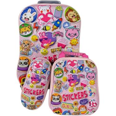Imagem de Kit De Mochila Escolar Infantil Feminina Figurinhas Stickers Emoji 3D Com Rodinha Tripla Em Silicone Acompanha Lancheira E Estojo Resistente Impermeável